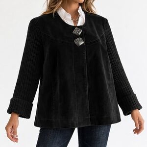 Black Suede & Knit Blazer Cropped A-Line Knit Bell Sleeve Snaps Retro Buttons XL